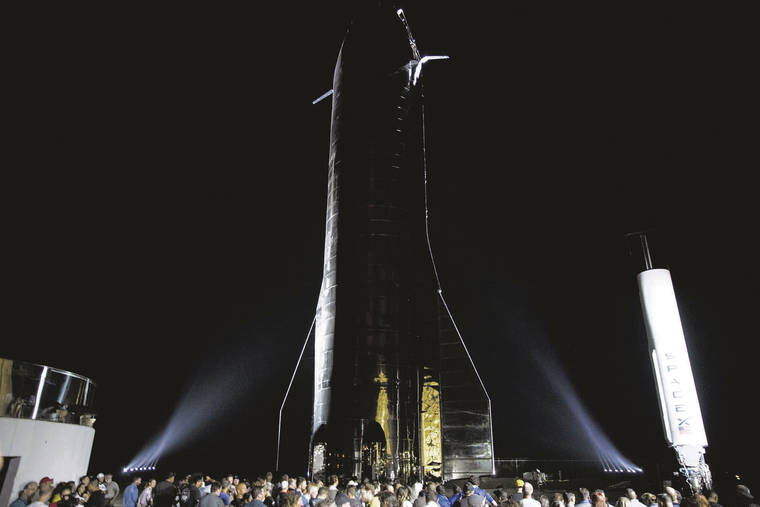 BLOOMBERG / 2019
                                Elon Musk wants to launch the SpaceX Starship on a trial trip from Texas to 62 miles northwest of Kauai. A prototype of the Space Exploration Technologies Corp. (SpaceX) Starship launch vehicle stands during an event at the SpaceX launch facility in Cameron County, Texas.