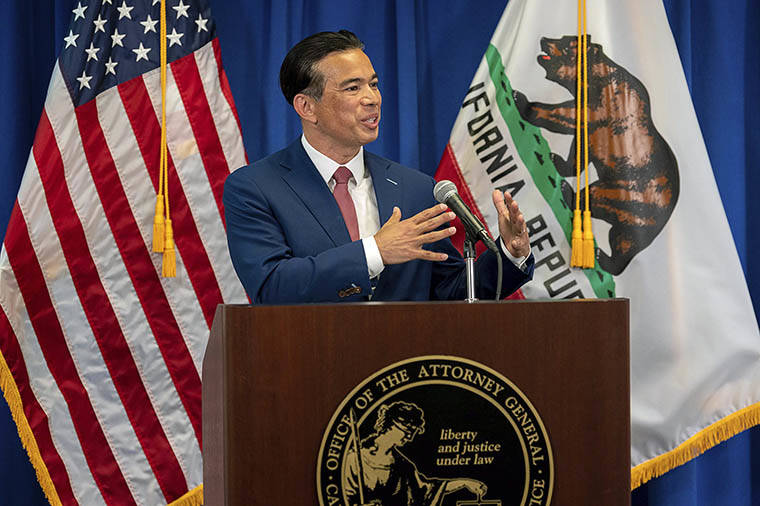 PAUL KITAGAKI JR./THE SACRAMENTO BEE VIA AP / APRIL 23
                                Attorney General Rob Bonta speaks after he was sworn in as California’s 34th Attorney General in Sacramento, Calif. Bonta, 49, is the first Filipino American to head the California Department of Justice.