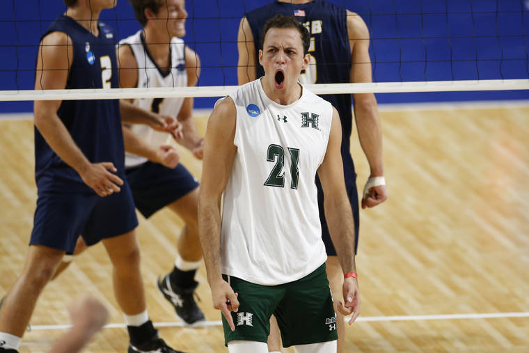 ASSOCIATED PRESS
                                Hawaii’s Guilherme Voss celebrated after Hawaii won the first set against UC Santa Barbara in the semifinals of the NCAA men’s college volleyball tournament, today, in Columbus, Ohio.