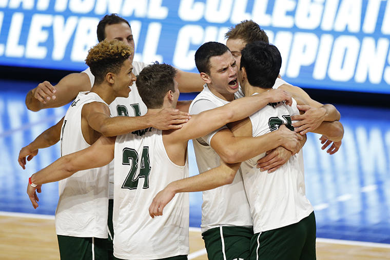 ASSOCIATED PRESS
                                Hawaii players celebrated after a point against UC Santa Barbara during a semifinal in the NCAA men’s college volleyball tournament, today, in Columbus, Ohio.