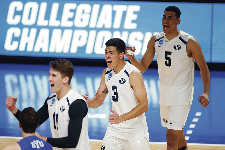 ASSOCIATED PRESS
                                From left to right, BYU’s Zach Eschenberg, Wil Stanley, and Gabi Garcia Fernandez react to winning a point against Lewis in the semifinals on Thursday.