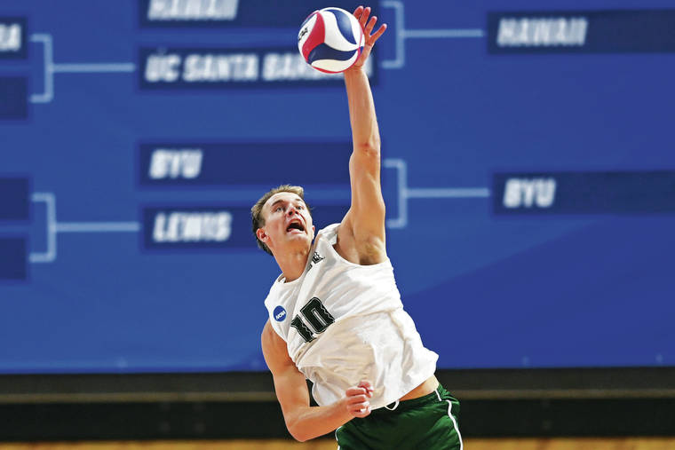 ASSOCIATED PRESS
                                Hawaii’s Jakob Thelle served against BYU during Saturday’s NCAA title match in Columbus, Ohio. Thelle led UH with four aces while distributing 36 assists.