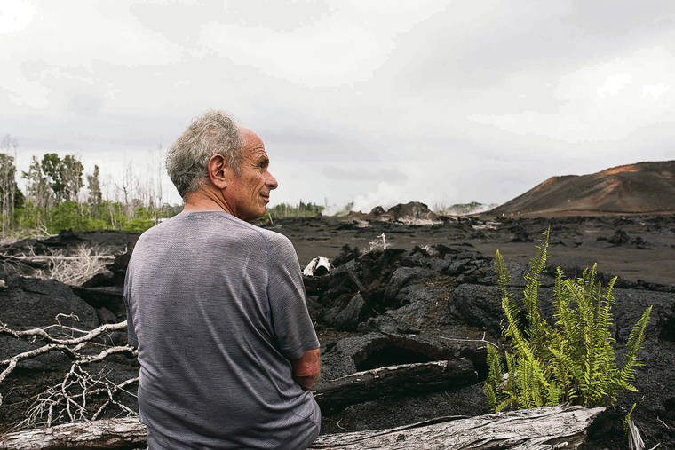 RONIT FAHL / SPECIAL TO THE STAR-ADVERTISER
                                Leilani Estates resident Robert Golden, 77, scanned the bleak lavascape surrounding the still-smoldering Fissure 8, now officially renamed Ahu‘aila‘au.