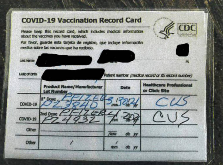 CALIFORNIA DEPARTMENT OF ALCOHOLIC BEVERAGE CONTROL VIA NEW YORK TIMES
                                A fraudulent COVID-19 vaccination card purchased by agents at the Old Corner Saloon in Clements, Calif.