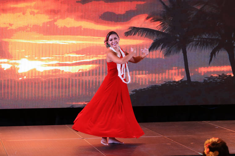 COURTESY MISS HAWAII ORGANIZATION
                                Miss Hawaii 2021 winner Courtney Choy performs hula auana for the talent portion of the competition.