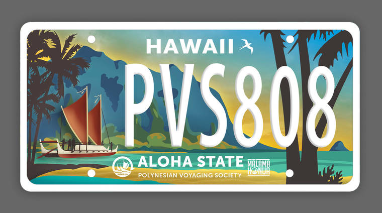 COURTESY POLYNESIAN VOYAGING SOCIETY
                                A sample of a special license plates featuring the Hokule‘a.