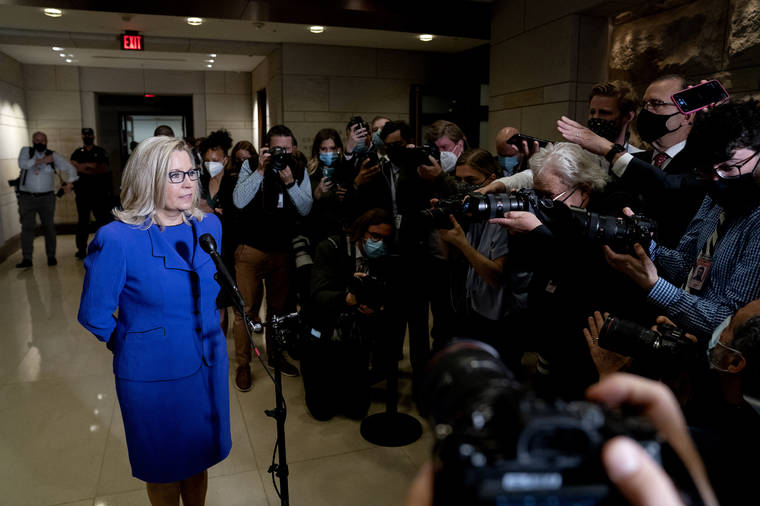 NEW YORK TIMES
                                Rep. Liz Cheney (R-Wyo.) speaks to reporters following a Republican vote to remove her from her leadership position, at the Capitol in Washington on Wednesday.