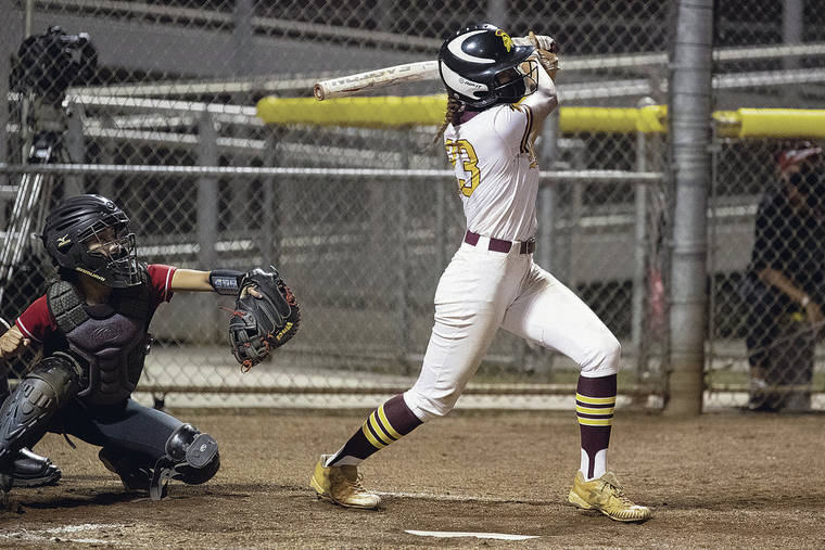 GEORGE F. LEE / GLEE@STARADVERTISER.COM 
                                Maryknoll’s Mahalo Akaka smashed a three-run homer on this swing in the bottom of the fifth inning against ‘Iolani in an ILH championship at the McKinley High School softball stadium on Wednesday.