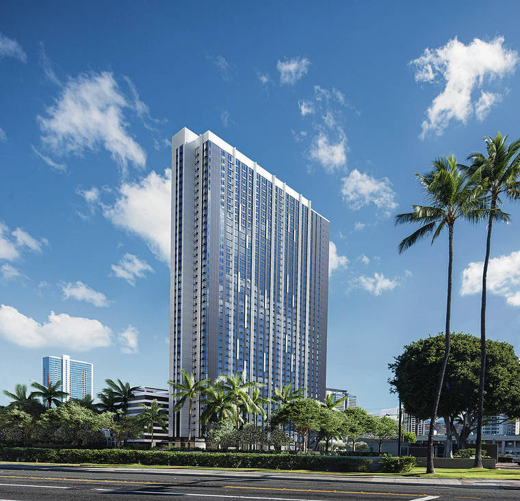 COURTESY HOWARD HUGHES CORP. Rendering of The Ualana Ward Village, above. The condominium tower has received approval by the Hawaii Community Development Authority board.