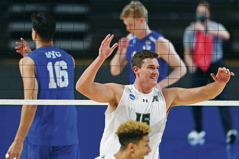 ASSOCIATED PRESS
                                Hawaii’s Patrick Gasman celebrates after a Hawaii point during the NCAA men’s volleyball championship match against BYU.
