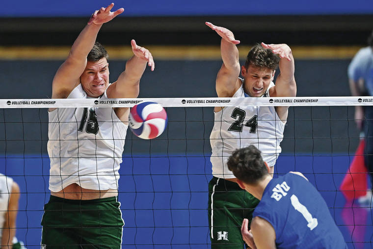 ASSOCIATED PRESS
                                Hawaii’s Patrick Gasman (15) and Colton Cowell (24) attempt to block a shot from BYU’s Davide Gardini.