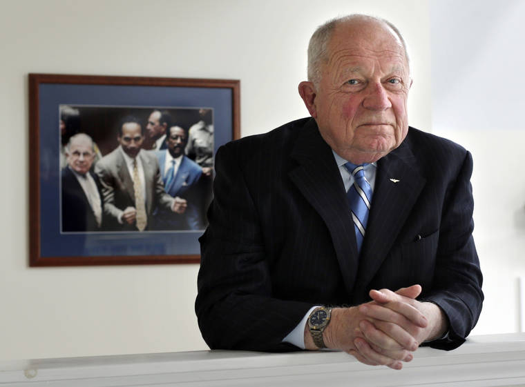 ASSOCIATED PRESS
                                Famed defense attorney F. Lee Bailey posed in his office, in May 2014, in Yarmouth, Maine. Bailey, the celebrity attorney who defended O.J. Simpson, Patricia Hearst and the alleged Boston Strangler, but whose legal career halted when he was disbarred in two states, has died, a former colleague confirmed today. He was 87.
