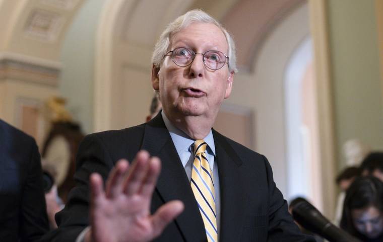 ASSOCIATED PRESS
                                Senate Minority Leader Mitch McConnell, R-Ky., talked with reporters before a key test vote on the For the People Act, a sweeping bill that would overhaul the election system and voting rights, at the Capitol in Washington, today.