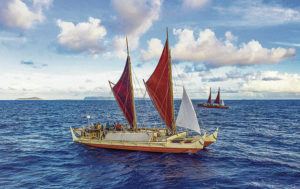 COURTESY POLYNESIAN VOYAGING SOCIETY
                                Hokule‘a and Hikianalia arrived at French Frigate Shoals at about 8:15 a.m. Tuesday.