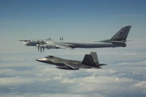 COURTESY NORAD
                                An F-22 fighter intercepted a Russian “Bear” Tu-95 bomber off Alaska in 2019. Citing U.S. defense officials, CBS said the United States scrambled the F-22s from Hawaii on Sunday in response to Russian bomber flights, but the aircraft did not enter the Air Defense Identification Zone and were not intercepted.