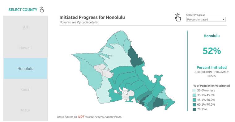 COURTESY HAWAII.HEALTH.GOV
                                A map showing COVID-19 vaccination progress rates by zip code on Oahu.