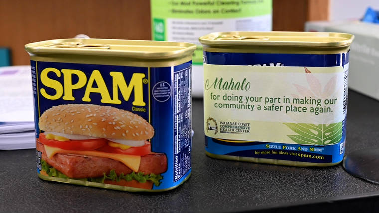 COURTESY HAWAII DEPARTMENT OF HEALTH
                                Thanks to an anonymous donor, Waianae Coast Comprehensive Health Center offered free cans of Spam to those that got the COVID-19 vaccine at a clinic at Waianae Intermediate School in May.