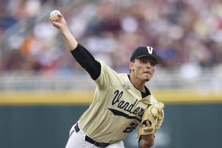 ASSOCIATED PRESS
                                Vanderbilt pitcher Jack Leiter throws during the first inning against Mississippi State in Game 1 of the NCAA College World Series baseball finals on June 28 in Omaha, Neb.