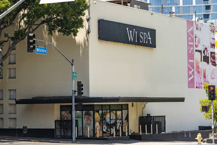 ASSOCIATED PRESS / JULY 4
                                The exterior of the Wi Spa in Koreatown district in Los Angeles. Police declared an unlawful assembly and fired non-lethal projectiles to disperse an unruly crowd, after a dueling protest over transgender rights at the Los Angeles spa turned violent. The protests stemmed from a video that circulated online earlier this month, in which an irate customer complained to the staff at Wi Spa that a transgender woman was in the women’s section of the spa.