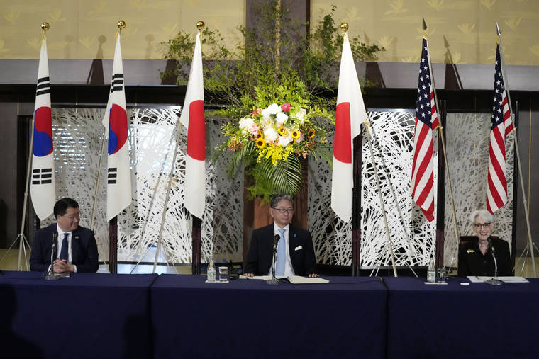 ASSOCIATED PRESS
                                U.S. Deputy Secretary of State Wendy Sherman, right, South Korean First Vice Foreign Minister Choi Jong Kun, left, and Japanese Vice-Minister for Foreign Affairs Takeo Mori attend a press conference after their trilateral meeting at the Iikura Guesthouse Wednesday in Tokyo.