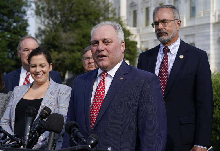 ASSOCIATED PRESS
                                House Minority Whip Steve Scalise, R-La., joined by House Republican Conference Chair Elise Stefanik, R-N.Y., left, and members of the GOP Doctors Caucus, speaks during a news conference about the Delta variant of COVID-19 and the origin of the virus in Washington on Thursday.