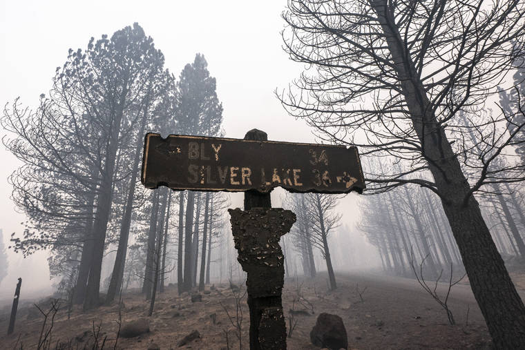 ASSOCIATED PRESS / JULY 22
                                A sign damaged by the Bootleg Fire stands among the haze near Paisley, Ore.
