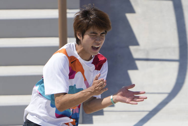 ASSOCIATED PRESS
                                Yuto Horigome of Japan reacts after skating during the men’s street skateboarding finals.