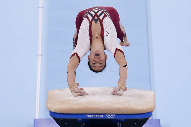 ASSOCIATED PRESS
                                Kim Bui, of Germany, performs on the vault during the women’s artistic gymnastic qualifications at the Summer Olympics Sunday in Tokyo.