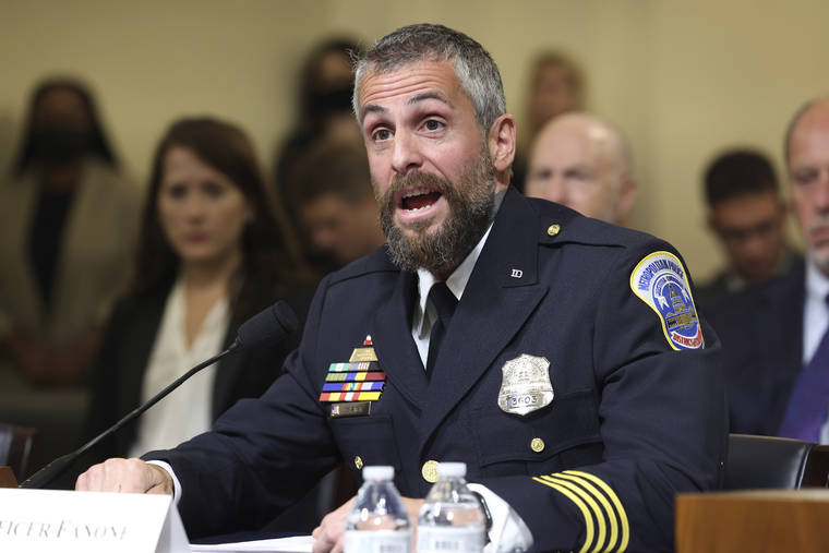 ASSOCIATED PRESS
                                Washington Metropolitan Police Department officer Michael Fanone testifies during the House select committee hearing on the Jan. 6 attack on Capitol Hill in Washington Tuesday.