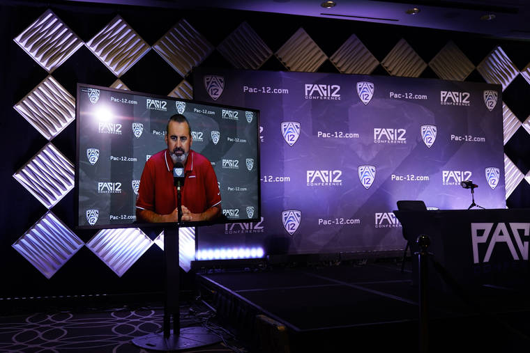 ASSOCIATED PRESS
                                Washington State head coach Nick Rolovich answers question via video conference during the Pac-12 Conference NCAA college football Media Day today in Los Angeles. Rolovich did not attend in person because he chose not to get a COVID-19 vaccine.