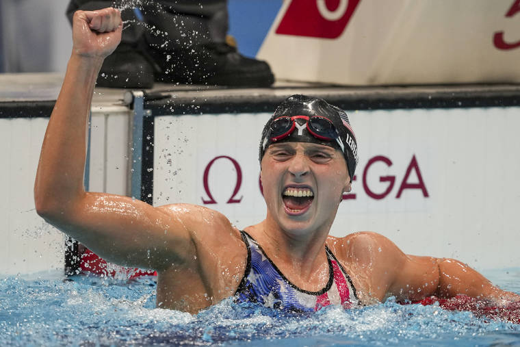 ASSOCIATED PRESS
                                Katie Ledecky, of the United States, reacts after winning the women’s 1500-meters freestyle final at the 2020 Summer Olympics, Wednesday, in Tokyo, Japan.