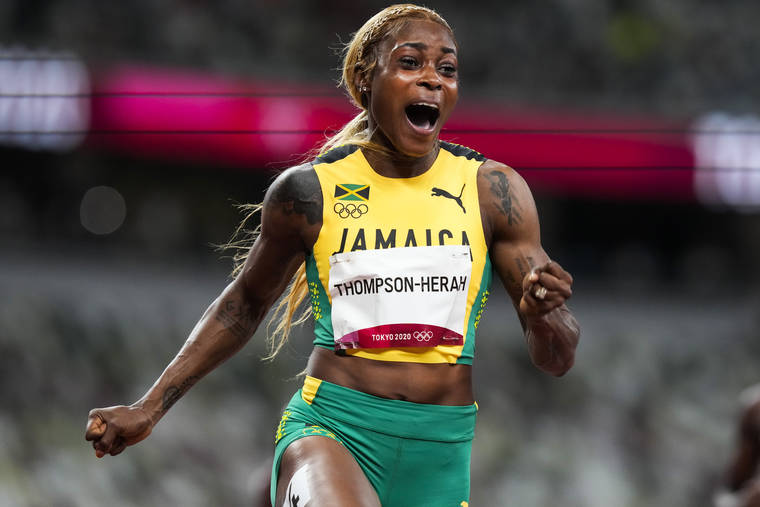 ASSOCIATED PRESS
                                Elaine Thompson-Herah, of Jamaica, wins the women’s 100-meter final at the 2020 Summer Olympics today in Tokyo.