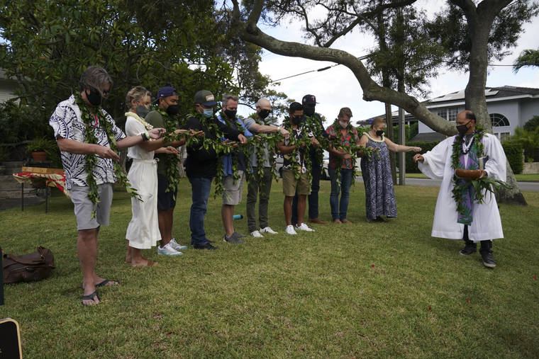 COURTESY KAREN NEAL / CBS
                                The fourth season of “Magnum P.I.” kicked off Tuesday in Manoa with a traditional Hawaiian blessing, which was held in line with the series’ overall filming safety COVID-19 protocols. Co-Executive Producer Kenneth Burke, from left, Perdita Weeks, Co-Executive Producer Gene Hong, Tim Kang, Director Bryan Spicer, Executive Producer Eric Guggenheim, Jay Hernandez, Stephen Hill, Zachary Knighton, Amy Hill and Kahu Kordell Kekoa participated in the ceremony.