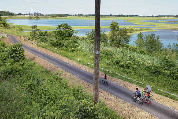 NEW YORK TIMES
                                Cyclists pass along the Rumney Marsh Reservation, a 600-acre salt marsh in Revere, Mass. Below, passing under Route 1 on the Northern Strand Community Trail in Revere.