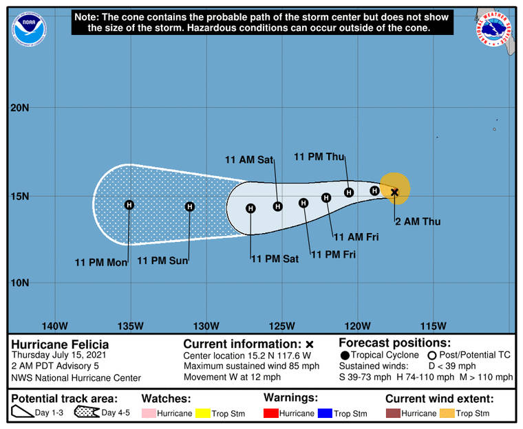 COURTESY NATIONAL HURRICANE CENTER
                                Felicia strengthened into a hurricane tonight in the Eastern Pacific.