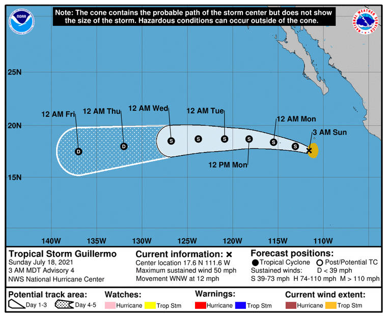 COURTESY NATIONAL HURRICANE CENTER
                                The 5-day forecast for Tropical Storm Guillermo as of 11 p.m. today.