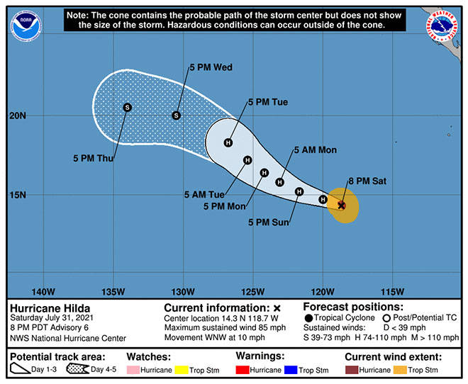 COURTESY NATIONAL HURRICANE CENTER
                                The five-day forecast for Hurricane Hilda as of this evening.