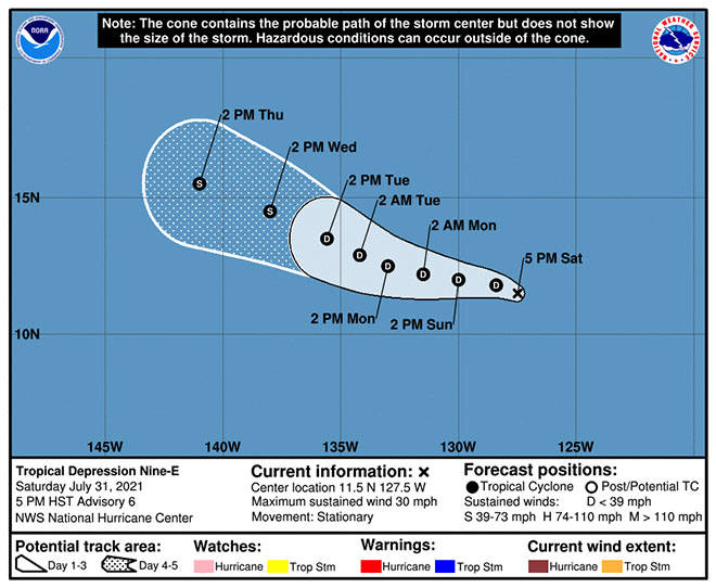 COURTESY NATIONAL HURRICANE CENTER
                                The five-day forecast for Tropical Depression Nine-E as of this evening.