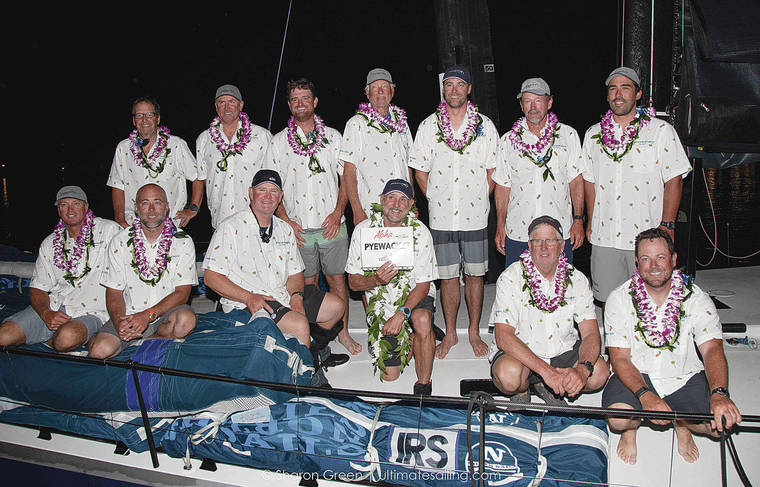 COURTESY SHARON GREEN / ULTIMATESAILING.COM
                                The crew of the Pyewacket crossed the finish line of the 2021 Transpac early Friday morning.