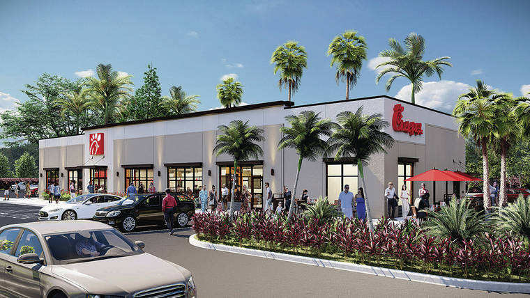 RENDERING COURTESY CHICK-FIL-A
                                Chick-fil-A held a blessing ceremony Wednesday on Maui for construction of the first of three or four Hawaii locations slated to open next year. Above, a rendering depicts the planned Maui restaurant.
