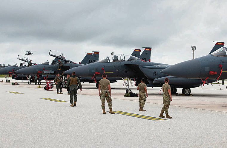 COURTESY U.S. AIR FORCE
                                Approximately 800 airmen and 35 aircraft are participating in Pacific Air Forces’ Dynamic Force Employment operation in Guam and Tinian. U.S. Air Force F-15E Strike Eagles assigned to the 389th Fighter Squadron from Mountain Home Air Force Base, Idaho, arrived Wednesday in support of Pacific Iron 2021 at Andersen Air Force Base on Guam.