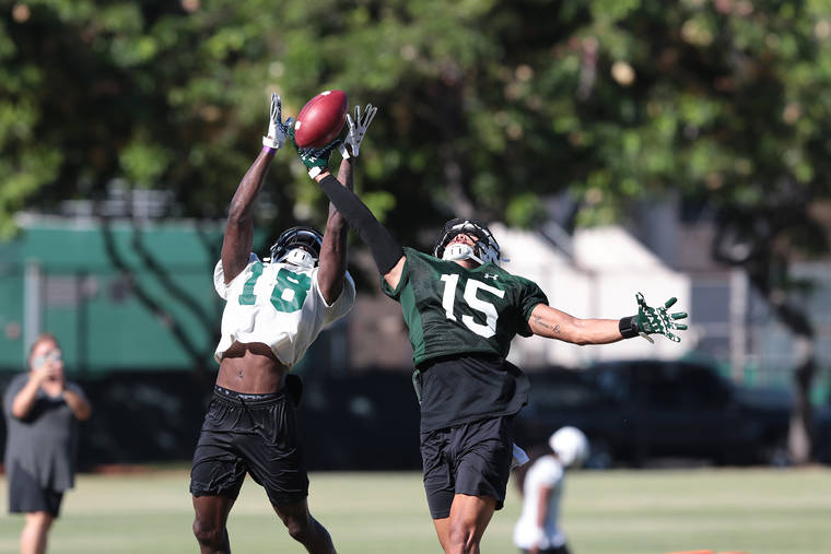 COURTESY OF UH ATHLETICS
                                Defensive back Cortez Davis, left, and wide receiver Jonah Panoke go for the ball during football practice on Sept. 29.