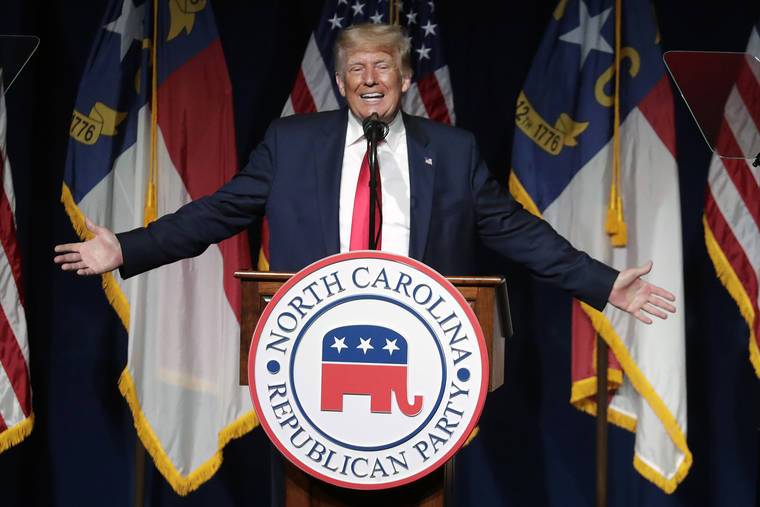 ASSOCIATED PRESS / JUNE 6
                                Then-President Donald Trump pressed top Justice Department officials late last year to declare that the election was corrupt, even though they had found no instances of widespread fraud, according to new documents provided to lawmakers and obtained by The New York Times. Trump is shown here speaking at the North Carolina Republican Convention on June 5 in Greenville, N.C.