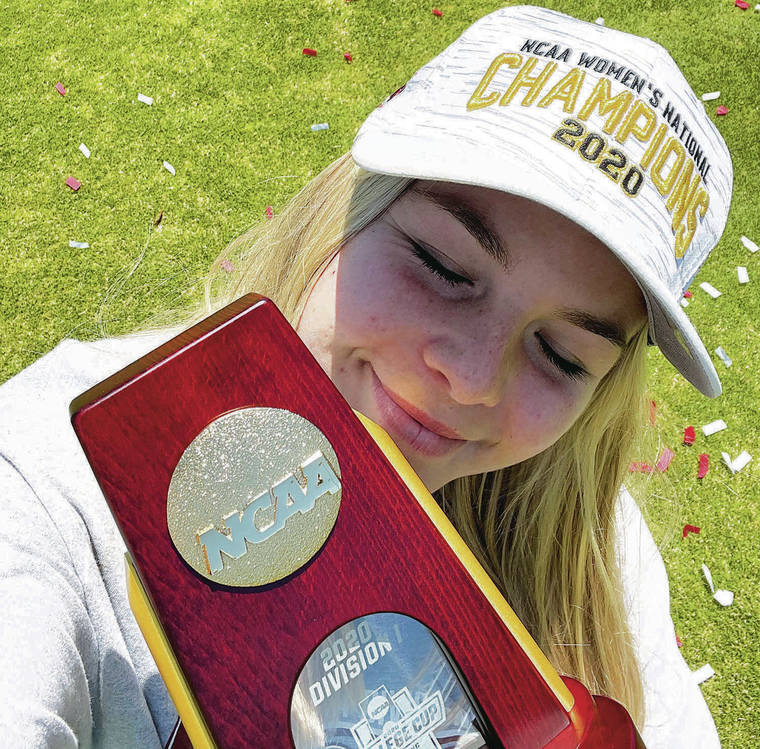 COURTESY KAILE HALVORSEN
                                Kaiser alum Kaile Halvorsen embraced the NCAA trophy that she and the Santa Clara Broncos won after beating Florida State in the College Cup final. Even though the title was won in 2021, it was considered the 2020 season.