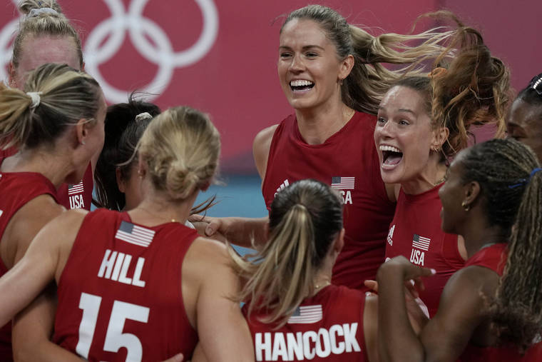 ASSOCIATED PRESS
                                United States players celebrated winning the women’s volleyball preliminary round pool B match against Italy at the 2020 Summer Olympics, Monday, in Tokyo, Japan.