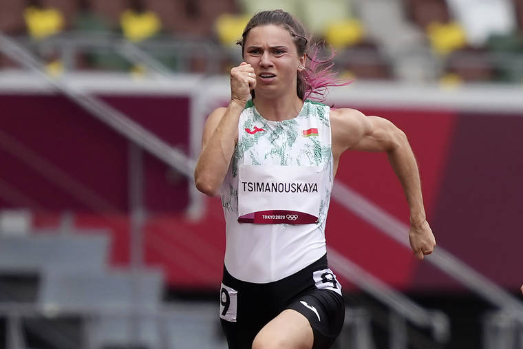 ASSOCIATED PRESS
                                Krystsina Tsimanouskaya, of Belarus, ran in the women’s 100-meter run at the 2020 Summer Olympics, Friday. Tsimanouskaya alleged her Olympic team tried to remove her from Japan in a dispute that led to a standoff Sunday, Aug. 1, at Tokyo’s main airport.