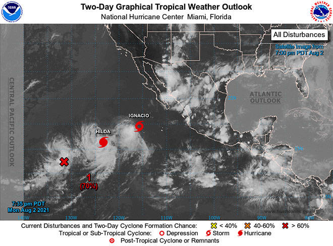 NATIONAL HURRICANE CENTER
                                A satellite view of three storm systems in the East Pacific as of Monday evening