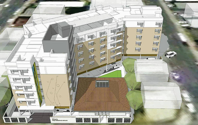 COURTESY RENDERING
                                The six-story apartment building named Hale Makana O Mo‘ili‘ili will have 105 units. Rent is projected at $521 to $1,226 for low-income seniors.
