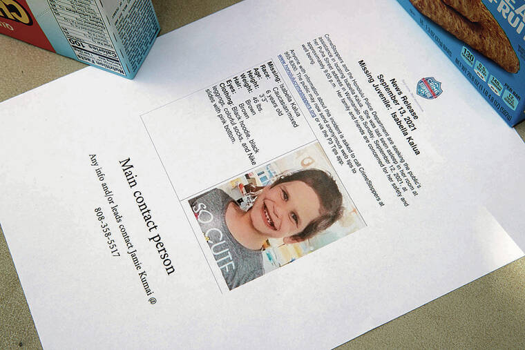 CINDY ELLEN RUSSELL / CRUSSELL@STARADVERTISER.COM
                                A flyer of Isabella Kalua was distributed at Waimanalo District Park.