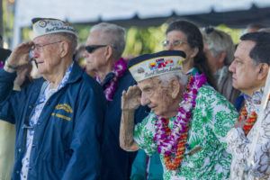 STAR-ADVERTISER / 2017
                                The 76th anniversary of the Pearl Harbor attack was commemorated during an event at the USS Arizona Memorial in 2017. Pictured are Pearl Harbor survivors Tom Berg, left, and Al Rodrigues saluting.